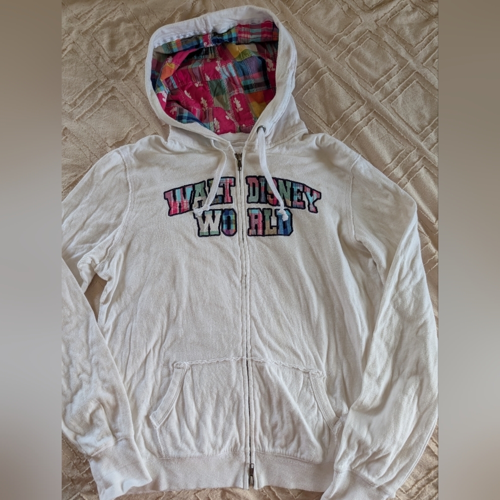 Walt Disney World White Zip Hoodie, Large, Colorful Lined Hood w/Mickey